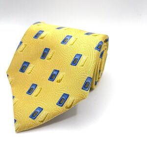 Ermenegildo Zegna Tie Modern‎ Yellow Gold Blue Geometric 100% Silk Italy